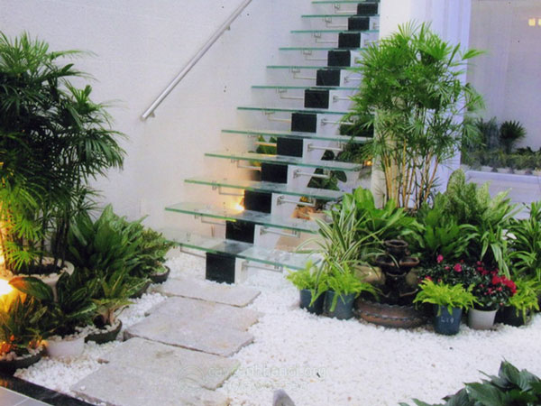 tieu-canh-gam-cau-thang Tiểu cảnh gầm cầu thang hiện đại với cây xanh