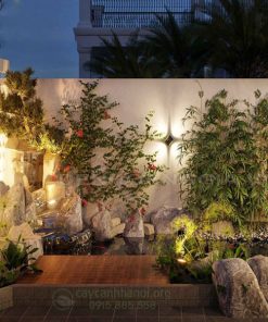 Thác nước tiểu cảnh sân vườn kết hợp đèn LED