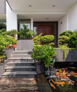 Sân vườn biệt thự hiện đại với bể cá và cây cảnh