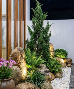 Hồ cá Koi trong sân vườn biệt thự với cầu gỗ và cây cảnh