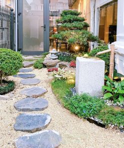 o trước nhà hiện đại với lối đi đá và tiểu cảnh mini