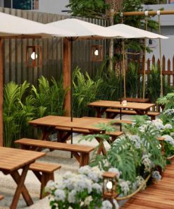 Quán cafe sân vườn đơn giản với xích đu và cây xanh