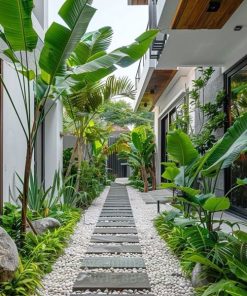 Mẫu lối đi sân vườn đẹp với đá stepping và cây xanh hai bên